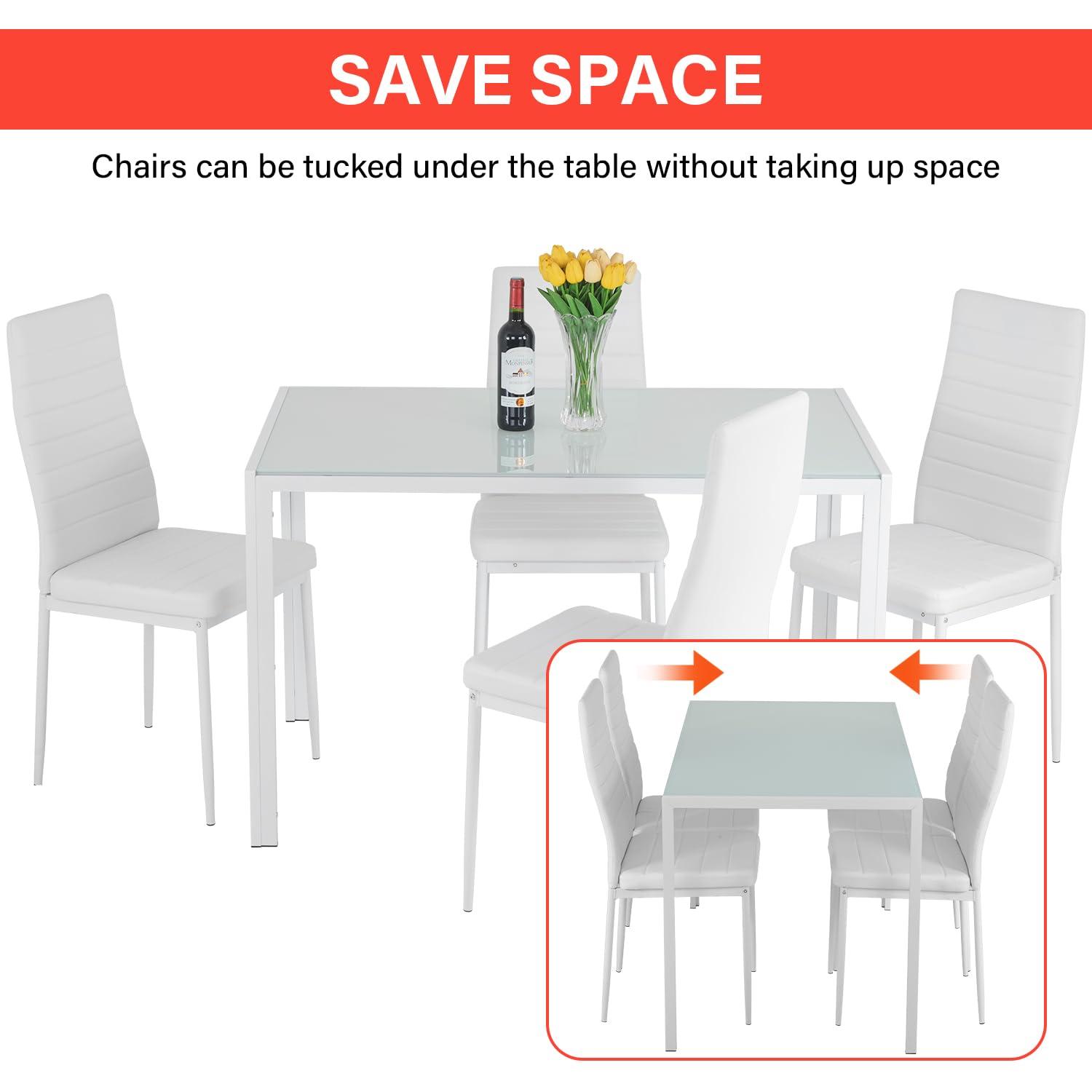 FDW Dining Table Set 5 Piece Dining Room Table Set with 4 Leather Chairs (White Glass)