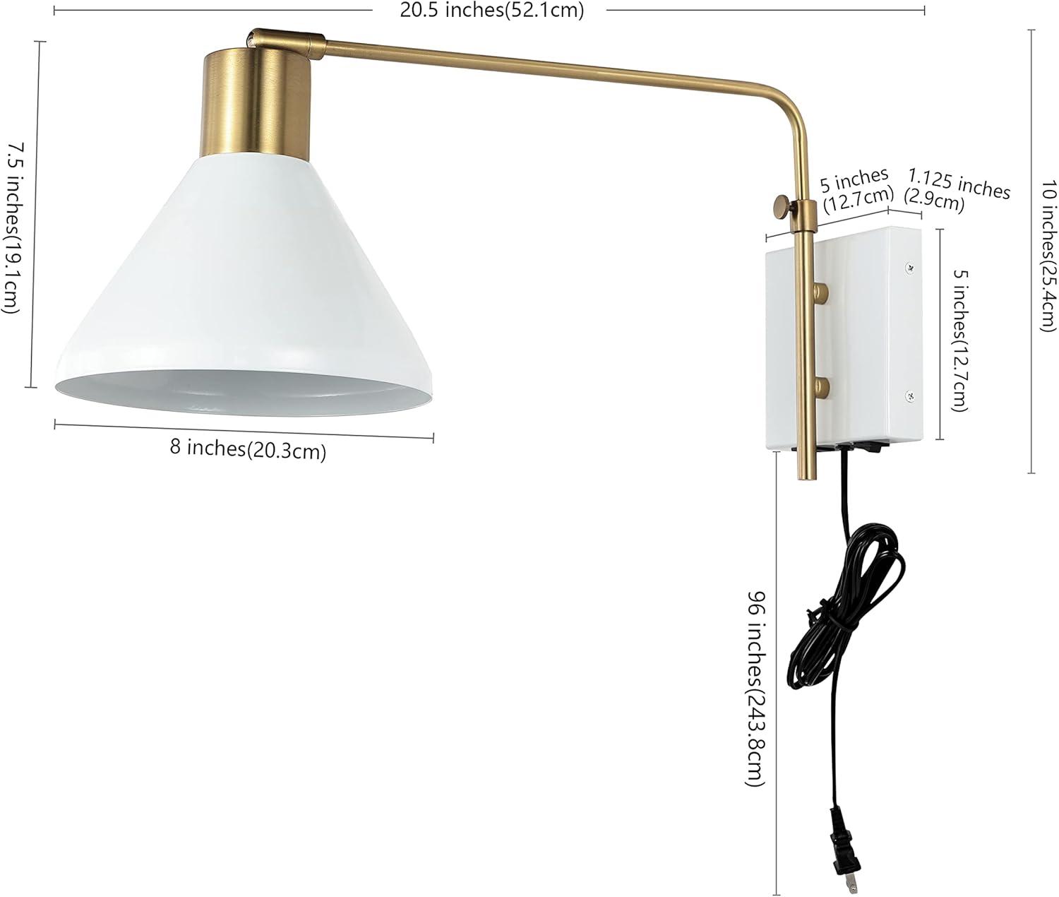 Max 20.5" Swing Arm 1-Light Modern Midcentury Iron USB Charging Port LED Sconce, White/Brass Gold