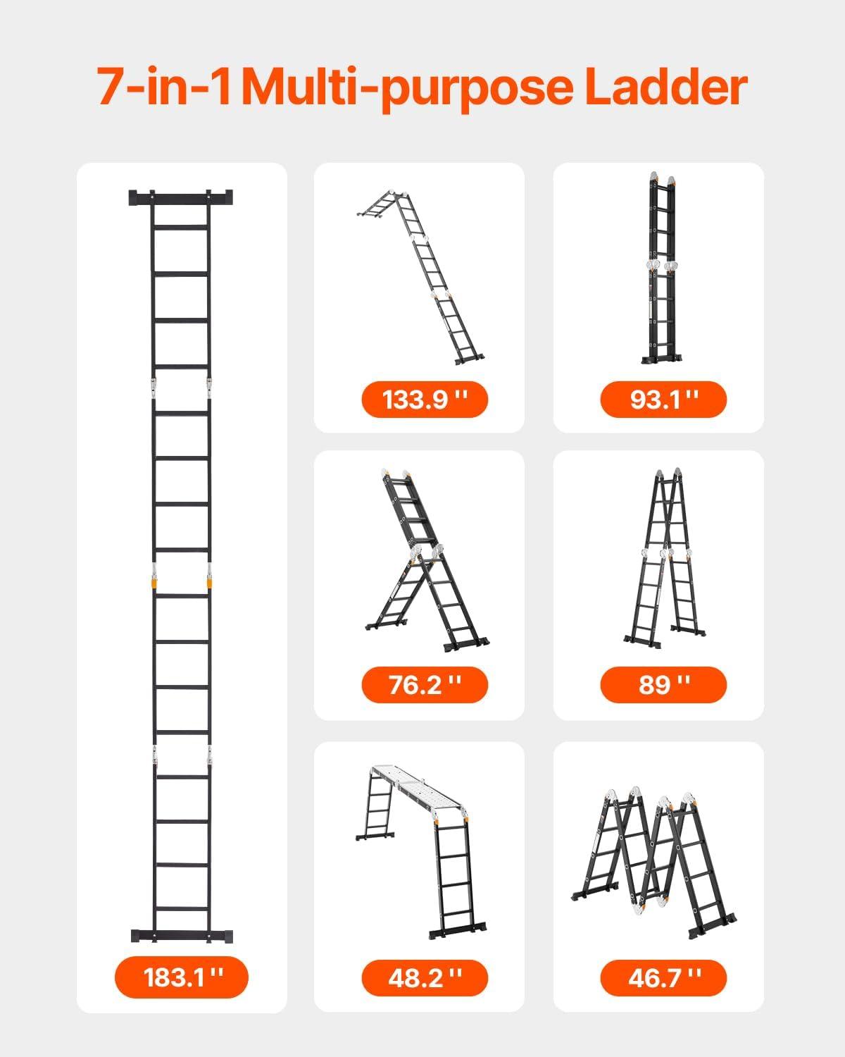 VEVOR Escalera Plegable Multiusos, Escalera de Extensión 7 en 1 de Altura, un Marco de 4 Escalones con Escalera Telescópica con Tablón de Andamio, Altura de Alcance de 15,5 Pies para Trabajo Pesado, Capacidad de 330 Libras para el Hogar Al Aire Libre