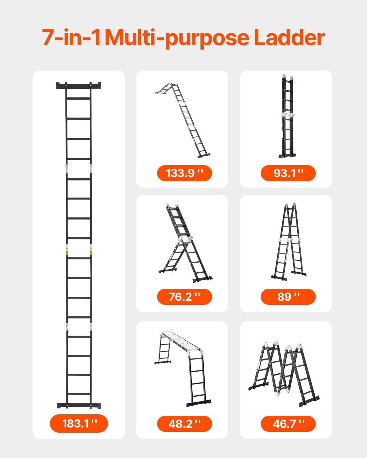 VEVOR Escalera Plegable Multiusos, Escalera de Extensión 7 en 1 de Altura, un Marco de 4 Escalones con Escalera Telescópica con Tablón de Andamio, Altura de Alcance de 15,5 Pies para Trabajo Pesado, Capacidad de 330 Libras para el Hogar Al Aire Libre