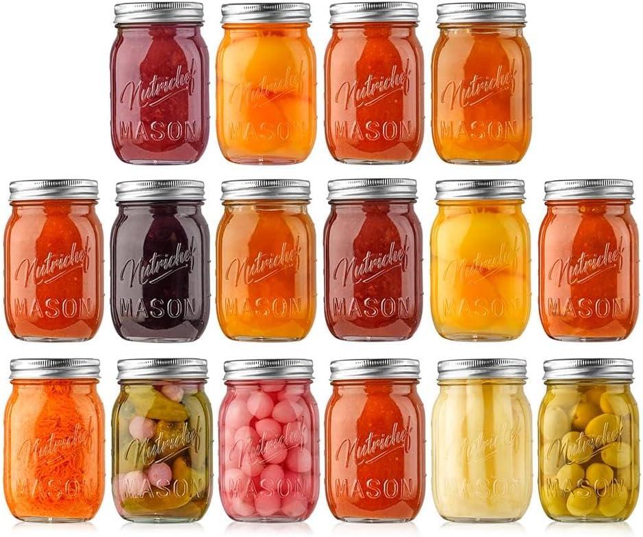 NutriChef 16 Pcs. Glass Mason Jars with Regular Lids and Bands, DIY Magnetic Spice Jars, Ideal for Meal Prep, Jam, Honey, Wedding Favors, and more