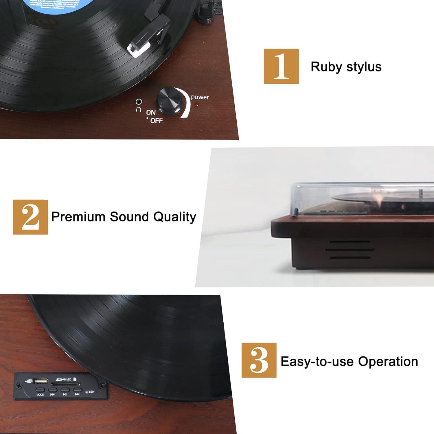 Bluetooth Record Player, 3 Speed Turntable with Built-in Speakers, Bluetooth Input & Output, FM Radio, USB/SD/MMC Support, RCA Output, AUX in, Earphone Jack