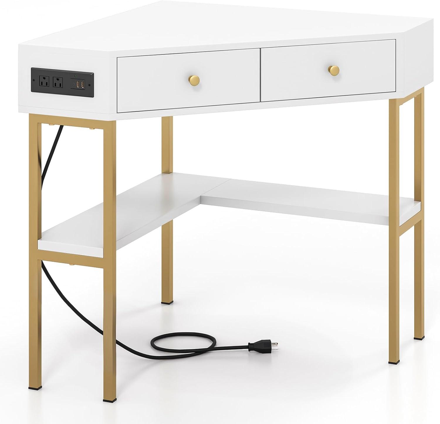 Costway Corner Desk with Built-in Charging Station Storage Drawers & Open Shelves Office White