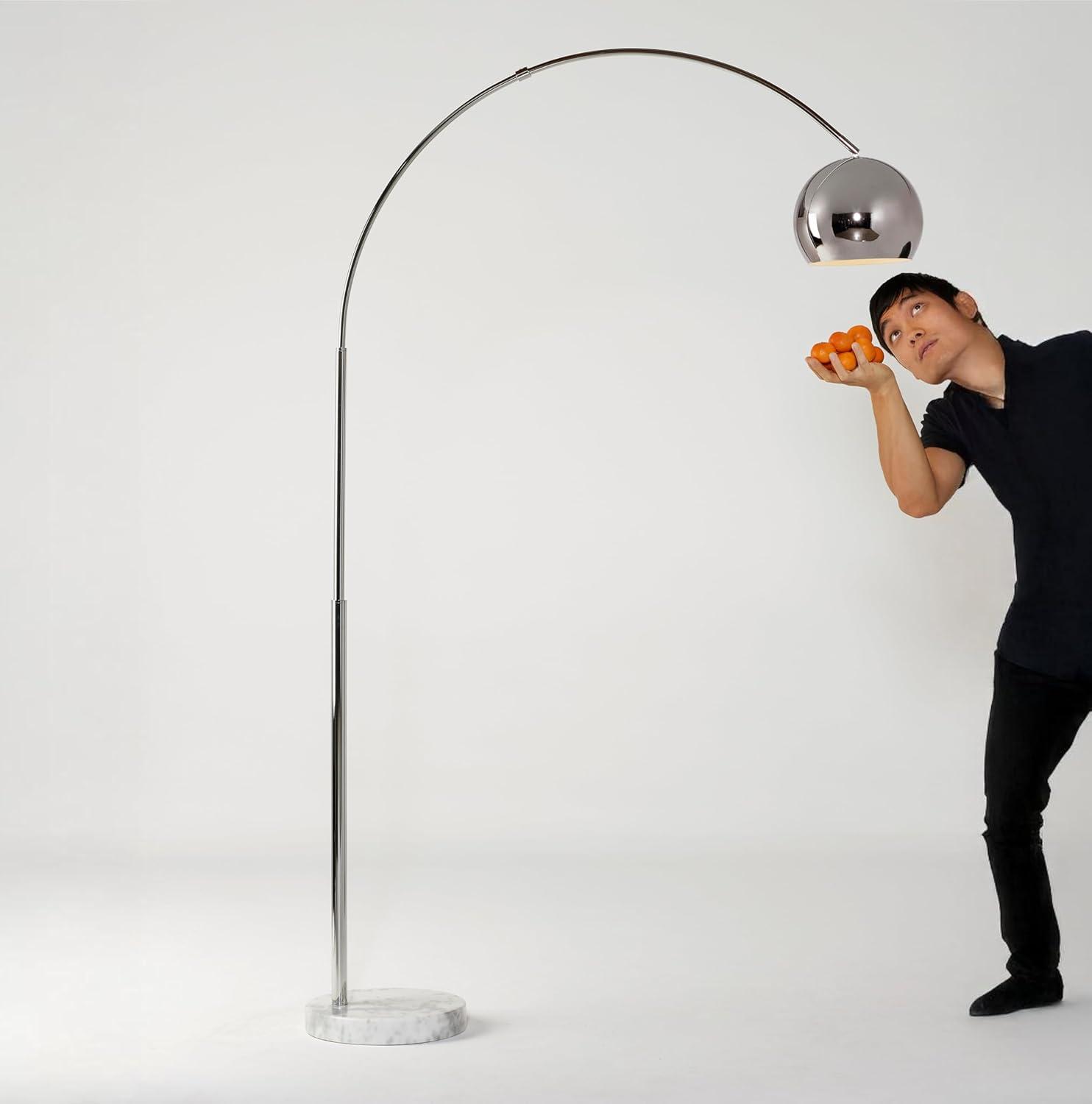 Brightech Olivia 75" Modern Industrial LED Arc Floor Lamp with Silver Chrome Finish, White Marble Base, and Metal Bowl Shade, Bulb Included