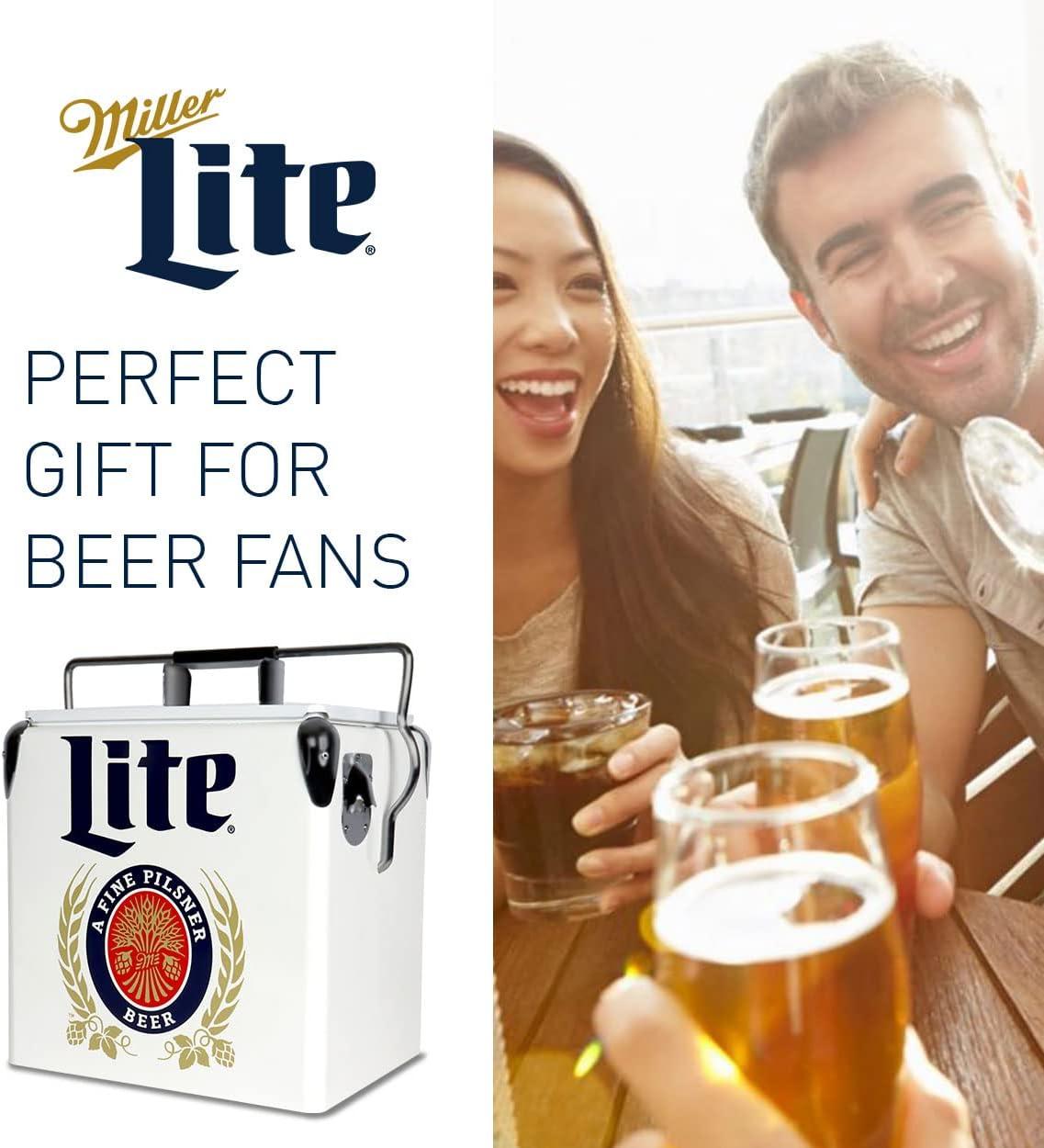 Miller Lite Retro Ice Chest Cooler with Bottle Opener 13L (14 qt), White and Blue