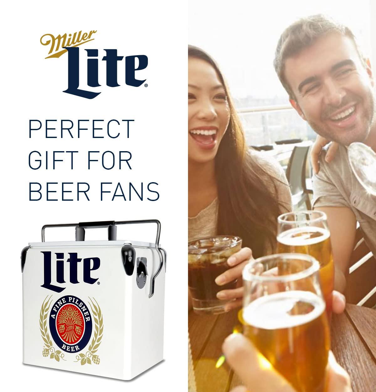 Miller Lite Retro Ice Chest Cooler with Bottle Opener 13L (14 qt), White and Blue