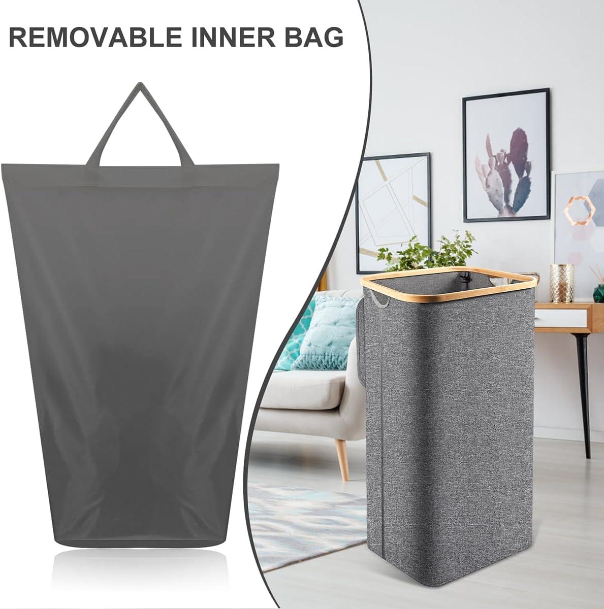 Efluky Laundry Basket with Lid and Removable Bag, 100L Tall Laundry Hamper with Bamboo Handles, Aesthetic Dirty Clothes Bin for Laundry Room, Bathroom, Bedroom and Dorm,Grey