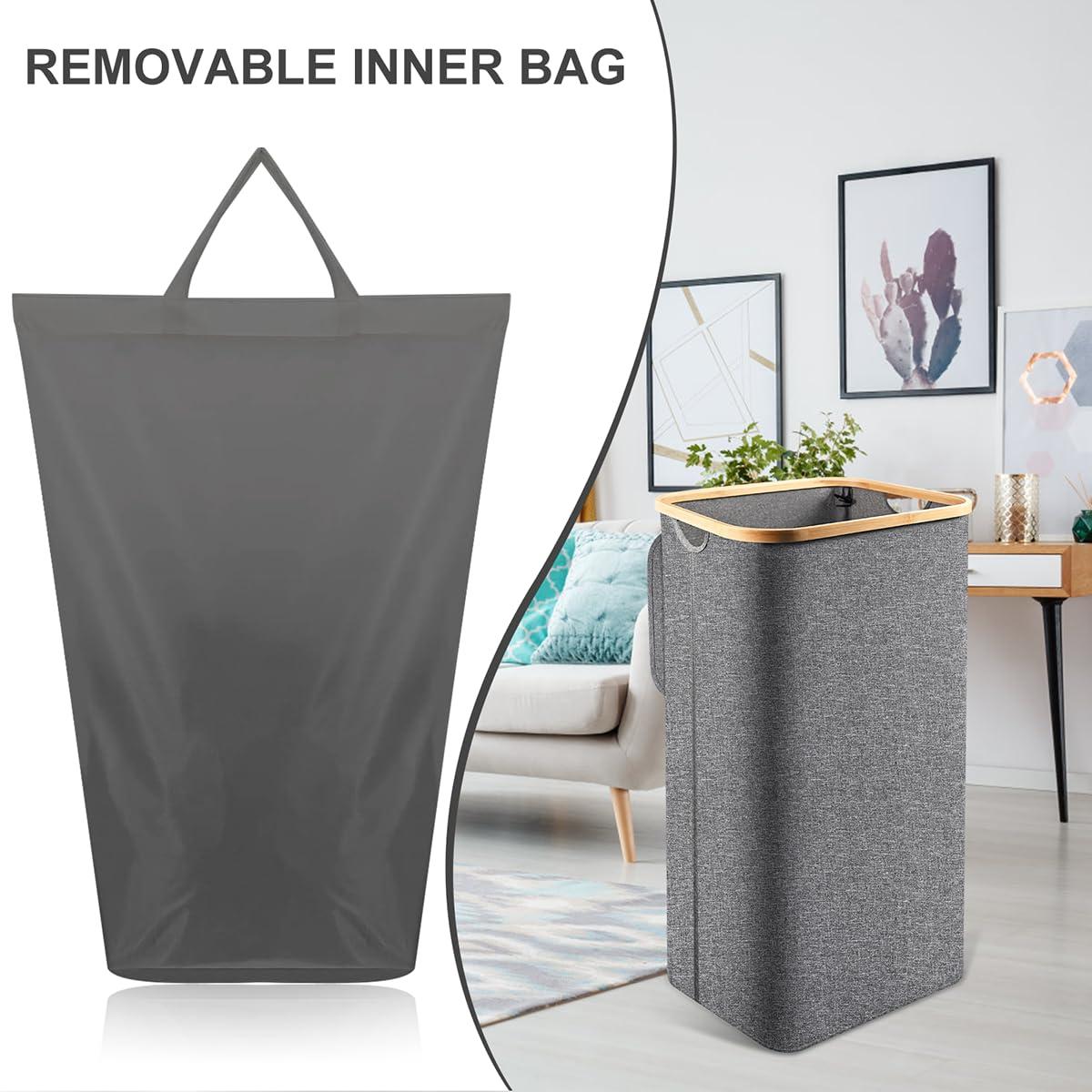 Efluky Laundry Basket with Lid and Removable Bag, 100L Tall Laundry Hamper with Bamboo Handles, Aesthetic Dirty Clothes Bin for Laundry Room, Bathroom, Bedroom and Dorm,Grey