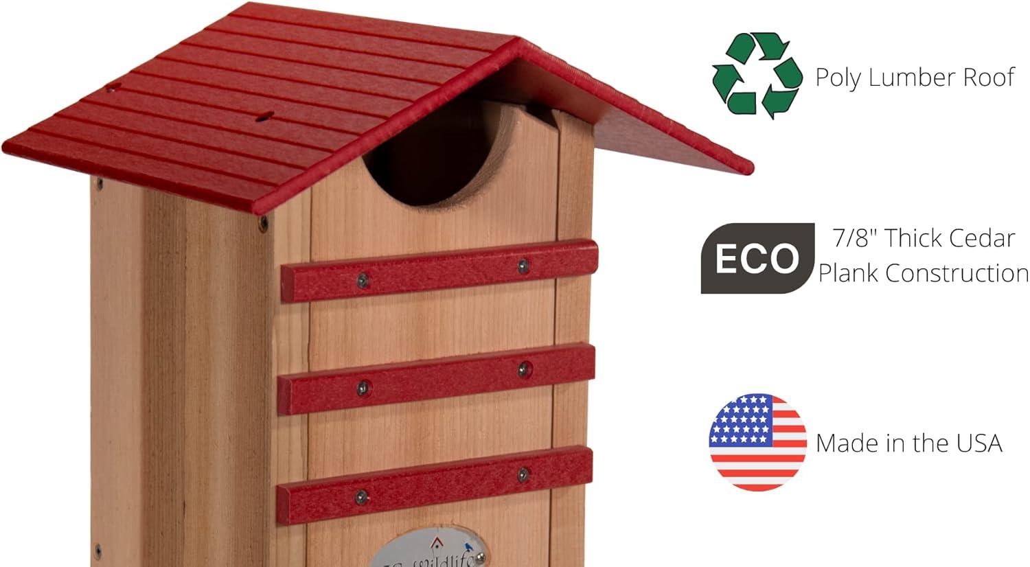 JCS Wildlife Screech Owl or Saw-Whet Owl House Cedar Nesting Box with Poly Lumber Roof - Screech Owl Nest Box - Made in the USA (Cardinal Red)