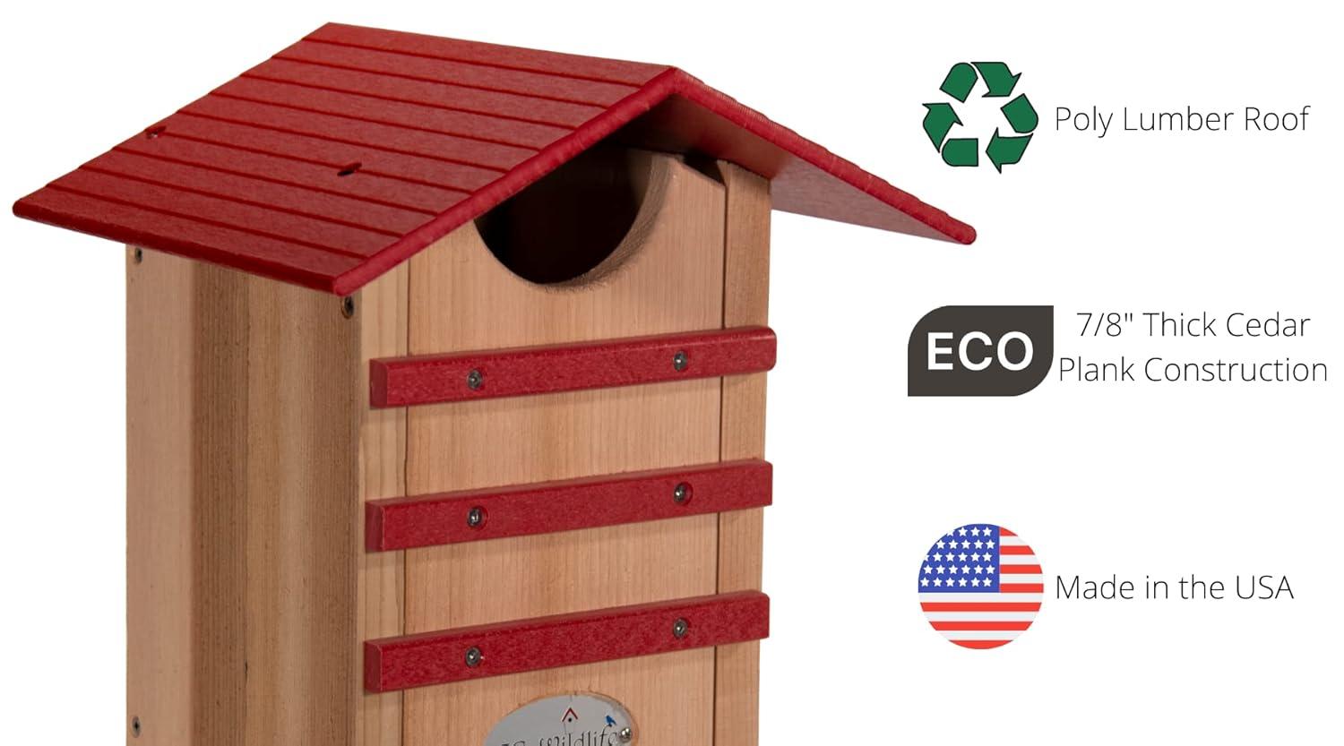 JCS Wildlife Screech Owl or Saw-Whet Owl House Cedar Nesting Box with Poly Lumber Roof - Screech Owl Nest Box - Made in the USA (Cardinal Red)