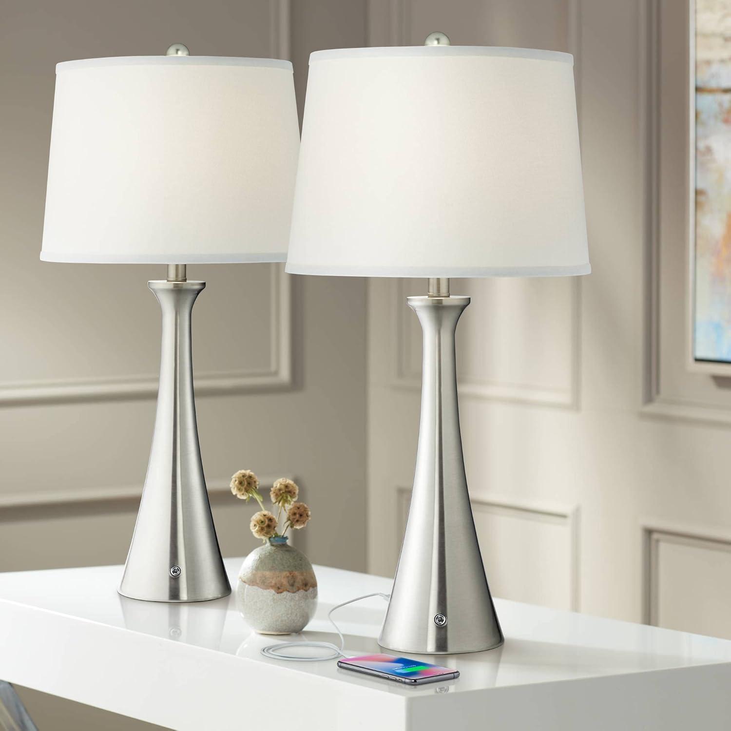 Modern Brushed Nickel Table Lamps with White Drum Shades, Set of 2