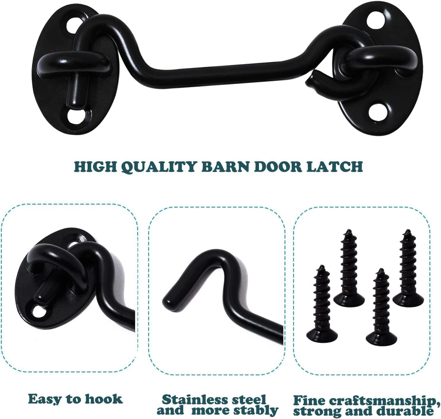 4" Barn Door Latch Door Lock Hardware, Sliding Door Lock Eye Hook Latch with Screws, Rust-Resistant Metal Gate Latch(2 Pack) Black-2 Pack