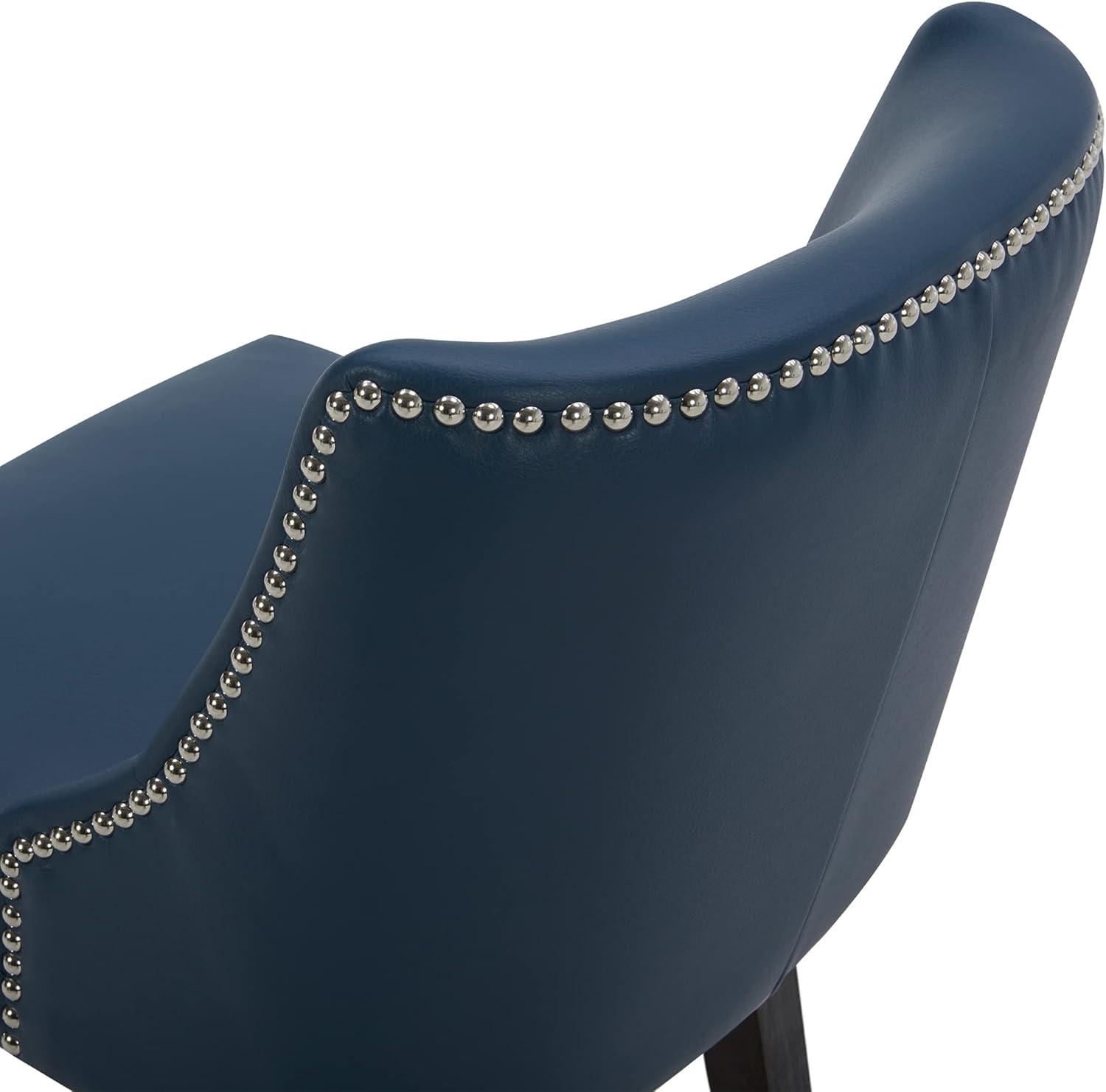 CHITA 26 in Upholstered Swivel Counter Bar Stools with Back&Wood Legs Set of 2, Faux Leather in Dark Blue