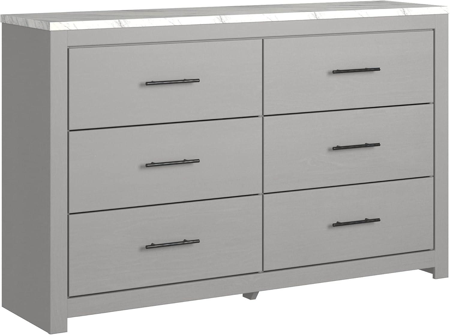 Gray Six-Drawer Dresser with Faux Marble Top