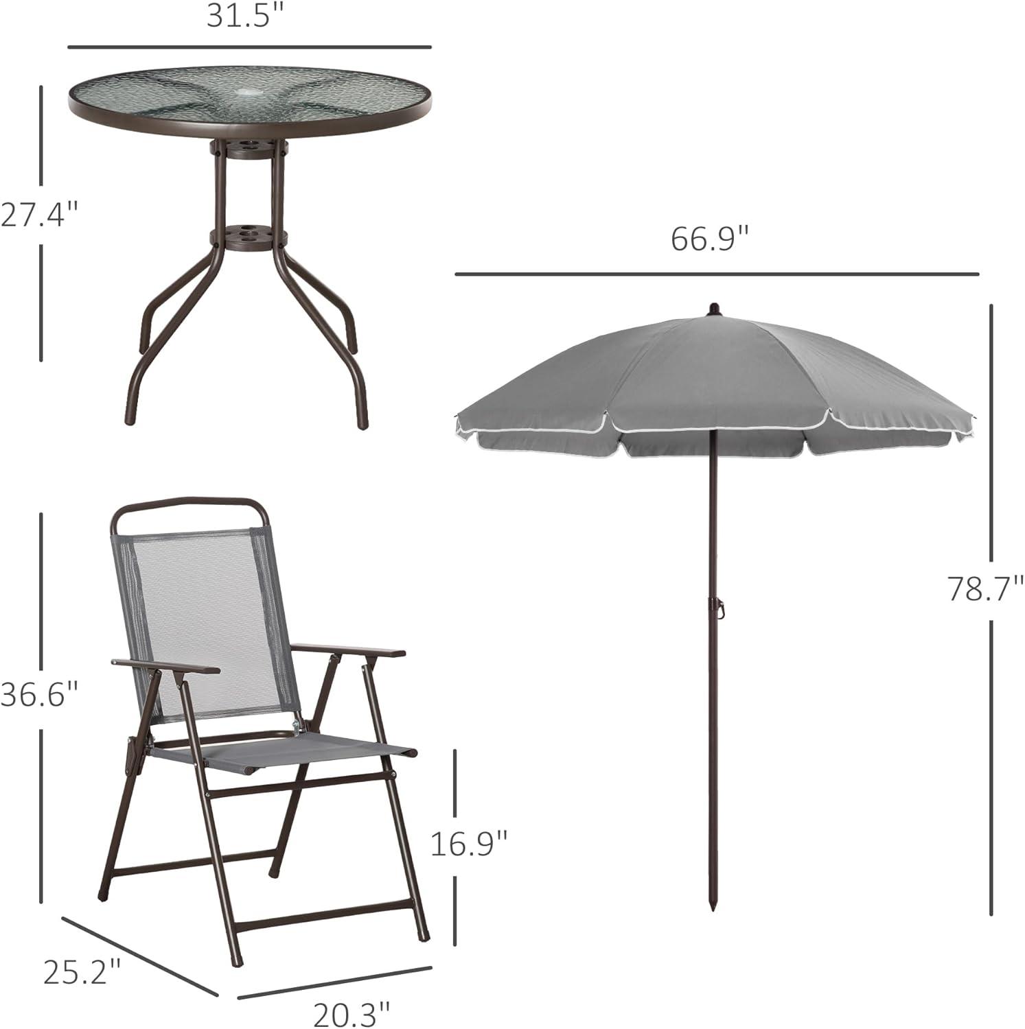 Outsunny 6 Piece Patio Dining Set for 4 with Umbrella, 4 Folding Dining Chairs & Round Glass Table for Garden, Backyard, and Poolside, Gray