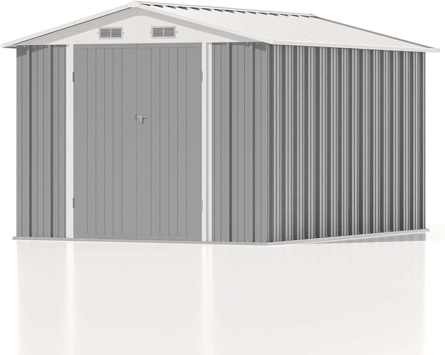 Patiowell  10 x 8 ft. Outdoor Storage Metal Shed with Sloping Roof and Double Lockable Door, Gray