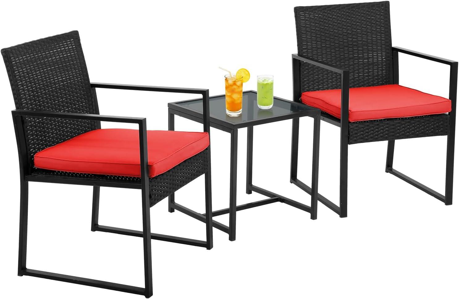 Red 3-Piece Steel and Rattan Outdoor Furniture Set with Black Glass Table