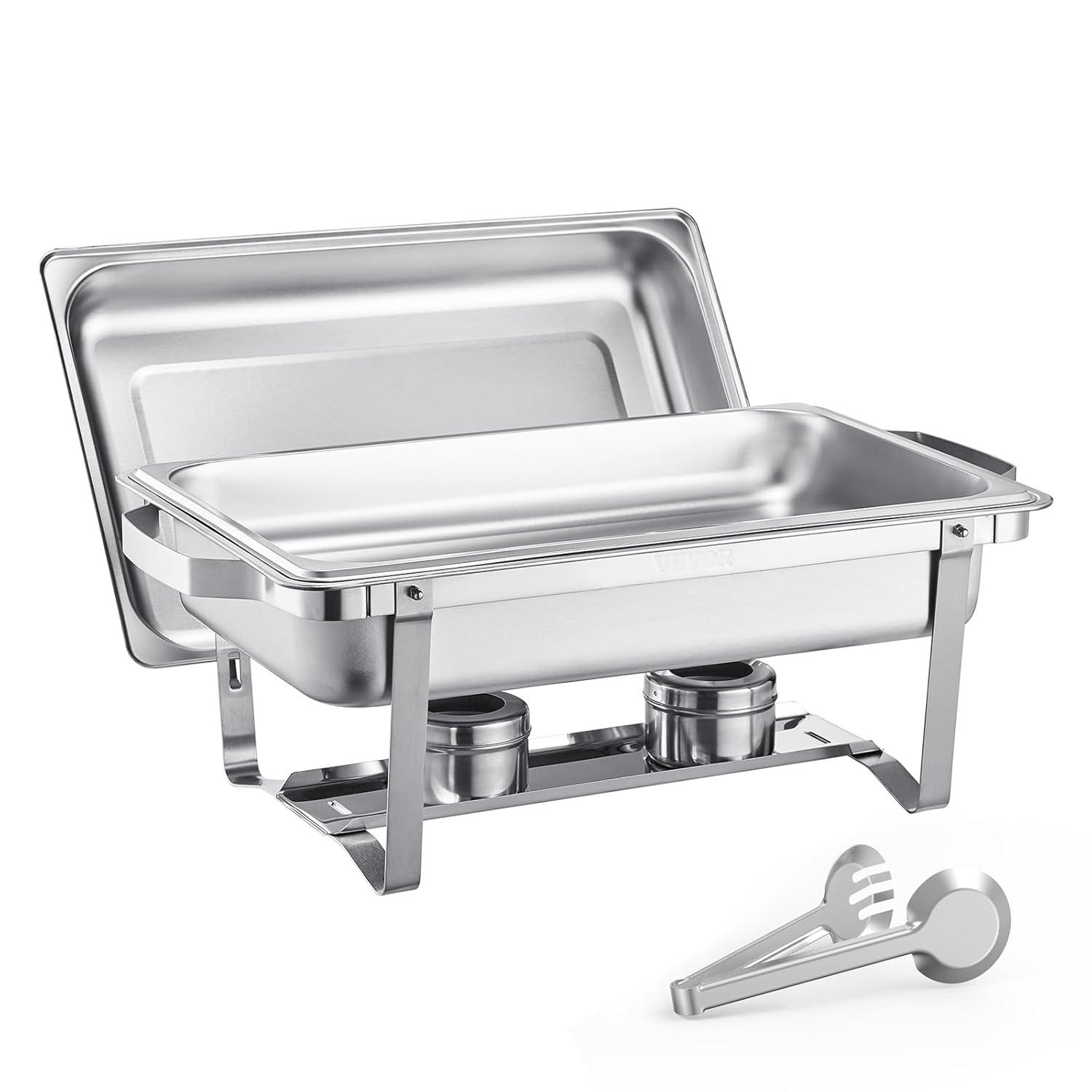 VEVOR Chafing Dish Buffet Set, 8 Qt 2 Pack, Stainless Chafer with 2 Full & 4 Half Size Pans, Rectangle Catering Warmer Server with Lid Water Pan Folding Stand Fuel Tray Holder Clip
