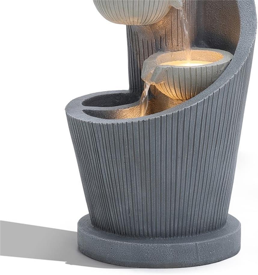 LuxenHome Gray Resin Spiral Sculpture with Bubbler 5-Tier Outdoor Fountain with Lights