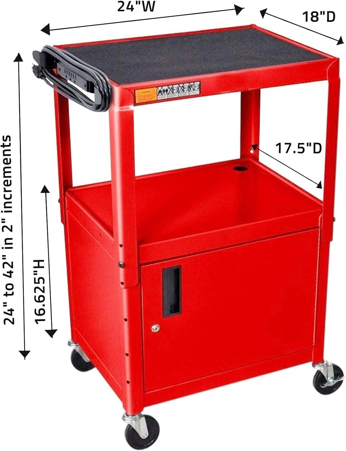 Red Adjustable Height Steel AV Cart with Lockable Cabinet