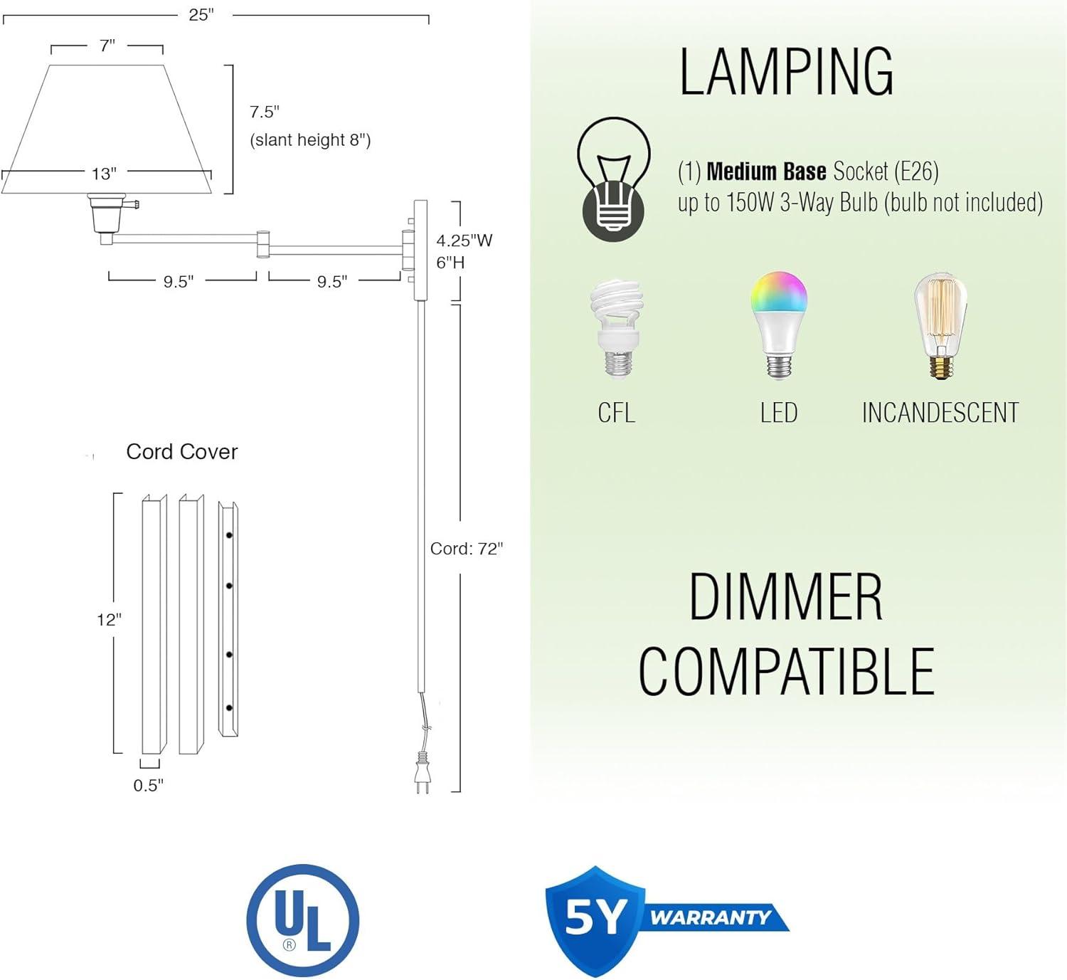 Kira Home Cambridge 13" Swing Arm Wall Lamp - Plug In/Wall Mount, Latte Mocha Fabric Shade, 150W 3-Way, Cord Covers