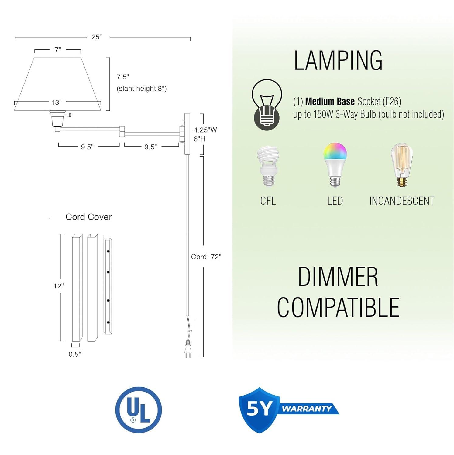 Kira Home Cambridge 13" Swing Arm Wall Lamp - Plug In/Wall Mount, Latte Mocha Fabric Shade, 150W 3-Way, Cord Covers