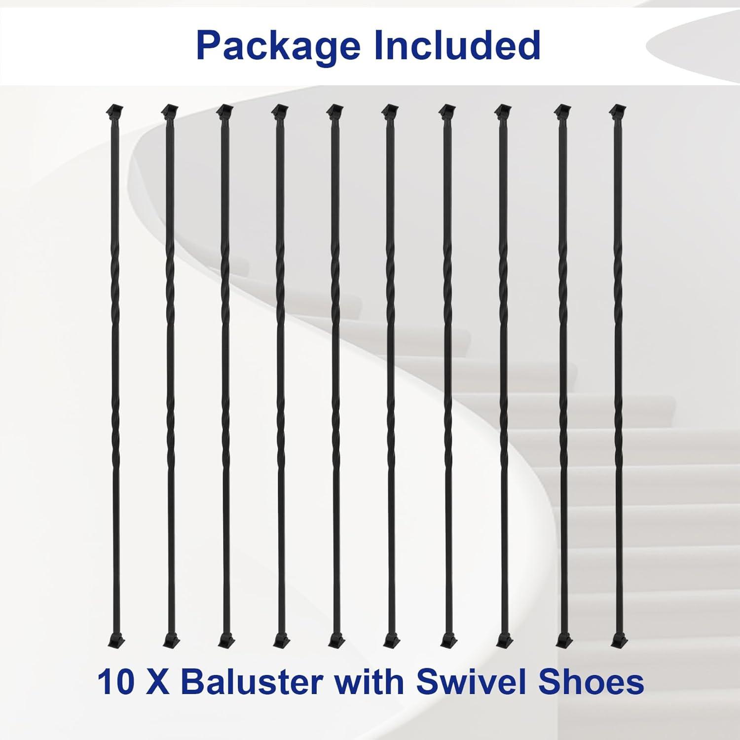 Staircase Metal Balusters, 44'' x 1/2" Galvanized Steel Decorative Banister Spindles, 10 Pack Deck Baluster with Hollow Twists, Satin Black Spiral Stair Railing with Shoes & Screws
