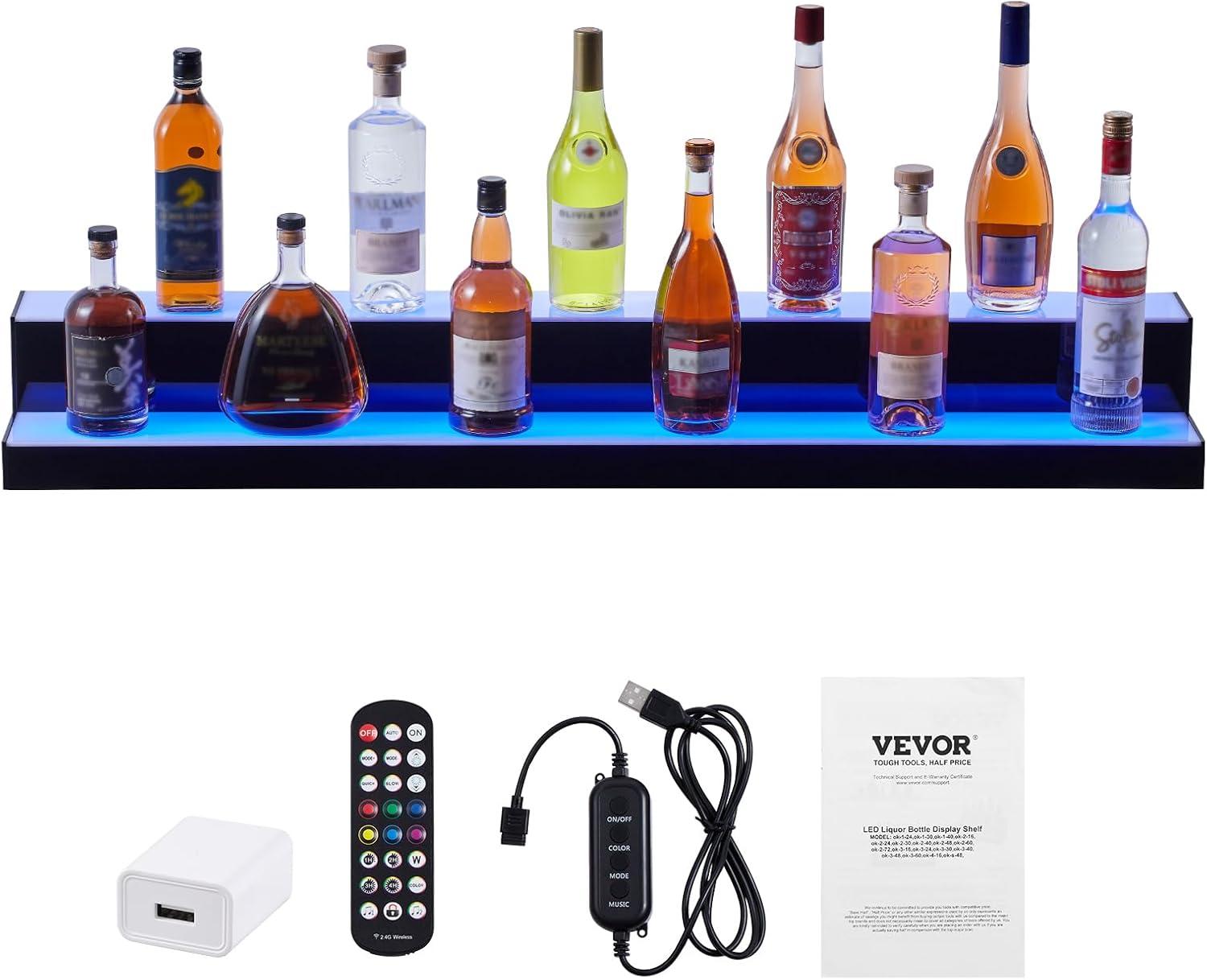 VEVOR LED Lighted Liquor Bottle Display, 2 Tiers 48 Inch Commercial Illuminated Home Bar Shelf, 2 Steps Whiskey Rack Stand, Acrylic Drink Shelves with RF Remote & App Control, and Multicolor Lighting