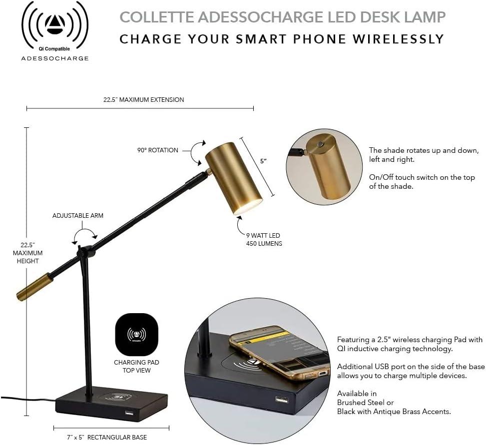 Adesso Collette Adjustable Black Desk Lamp with Qi Wireless Charging