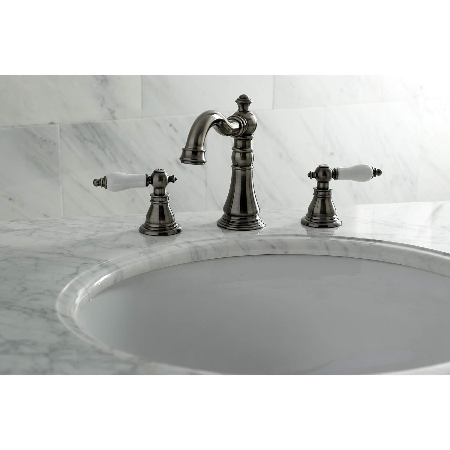 Kingston Brass American Patriot Two-Handle 3-Hole Deck Mount Widespread Bathroom Faucet with Brass Pop-Up Drain