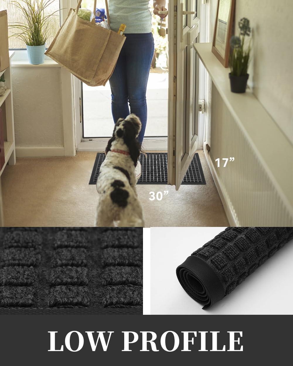 MontVoo-Front Door Mat Outside Entrance Doormat-Outdoor Indoor Door Mat for Entryway-Welcome Mat Thick Durable Rubber Backed Door Entry Mat Non Slip Dirt Trapper Absorbent-Black 17”x30”