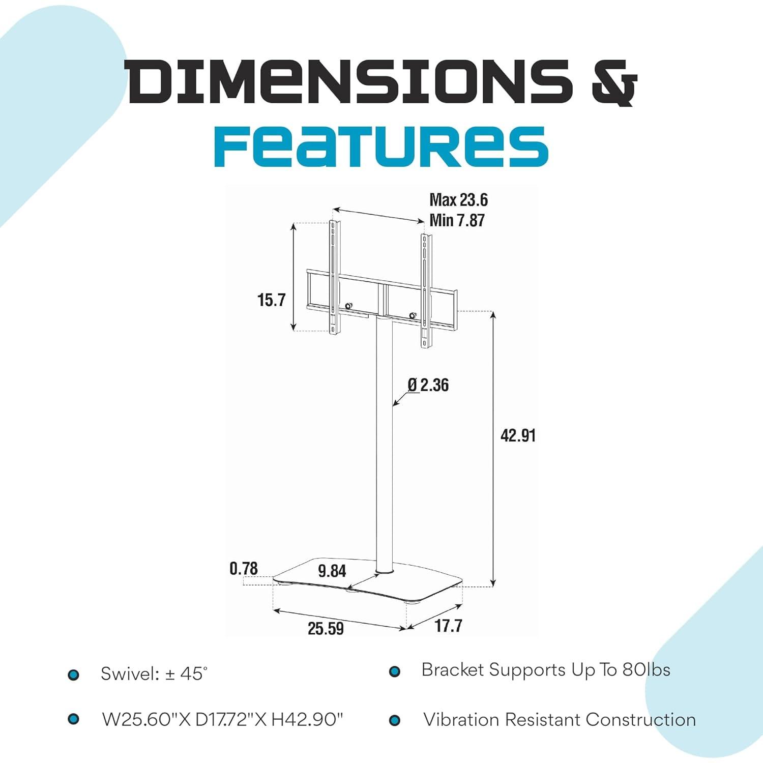 SONOROUS TV Stand PL2800 WHT for Up to 65 Inches TV - Floor Stand TV Bracket for LCD, LED & Flat Screen - Fixed TV Stand with Tempered Glass Base, 45 Degree Swivel & Wire Management - White