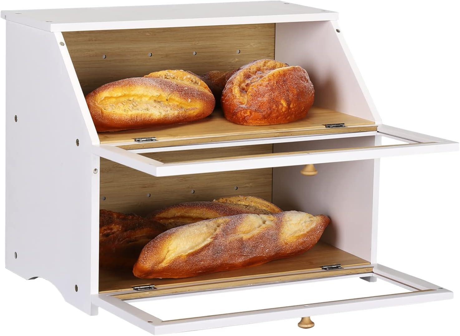 White Double Layer Bamboo Bread Storage Box