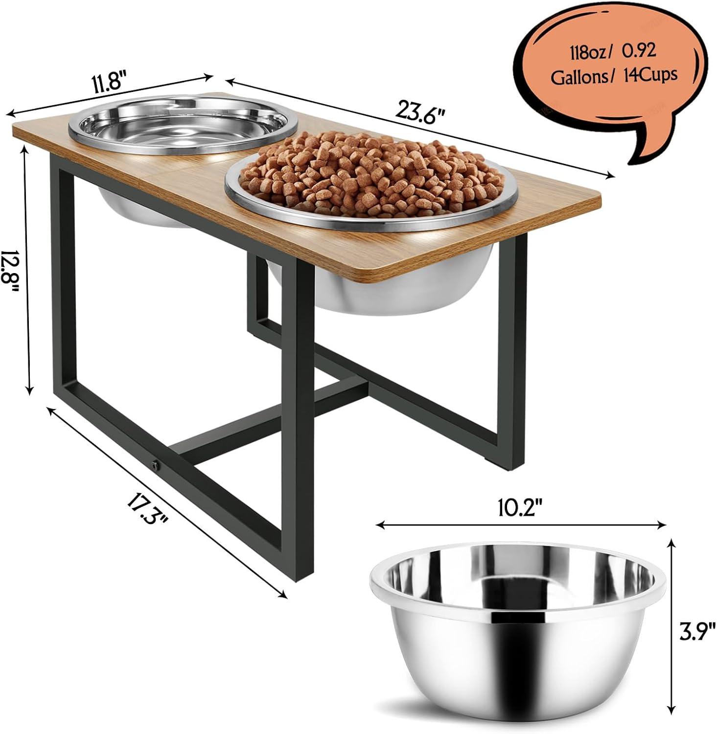 Rustic Brown Elevated Dog Bowl Stand with Stainless Steel Bowls