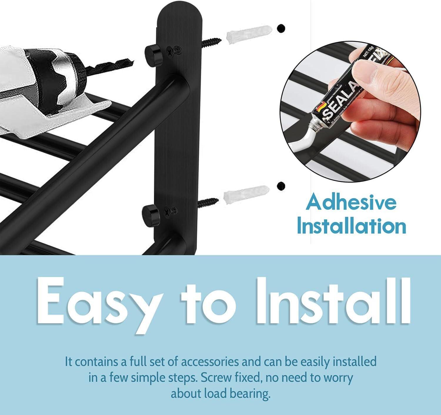 Matte Black 2-Tier Towel Rack | 24'' Wall-Mounted Bathroom Towel Shelf With Bar & 5 Hooks | Rust-Proof Stainless Steel Towel Hanger & Organizer | Space-Saving Storage