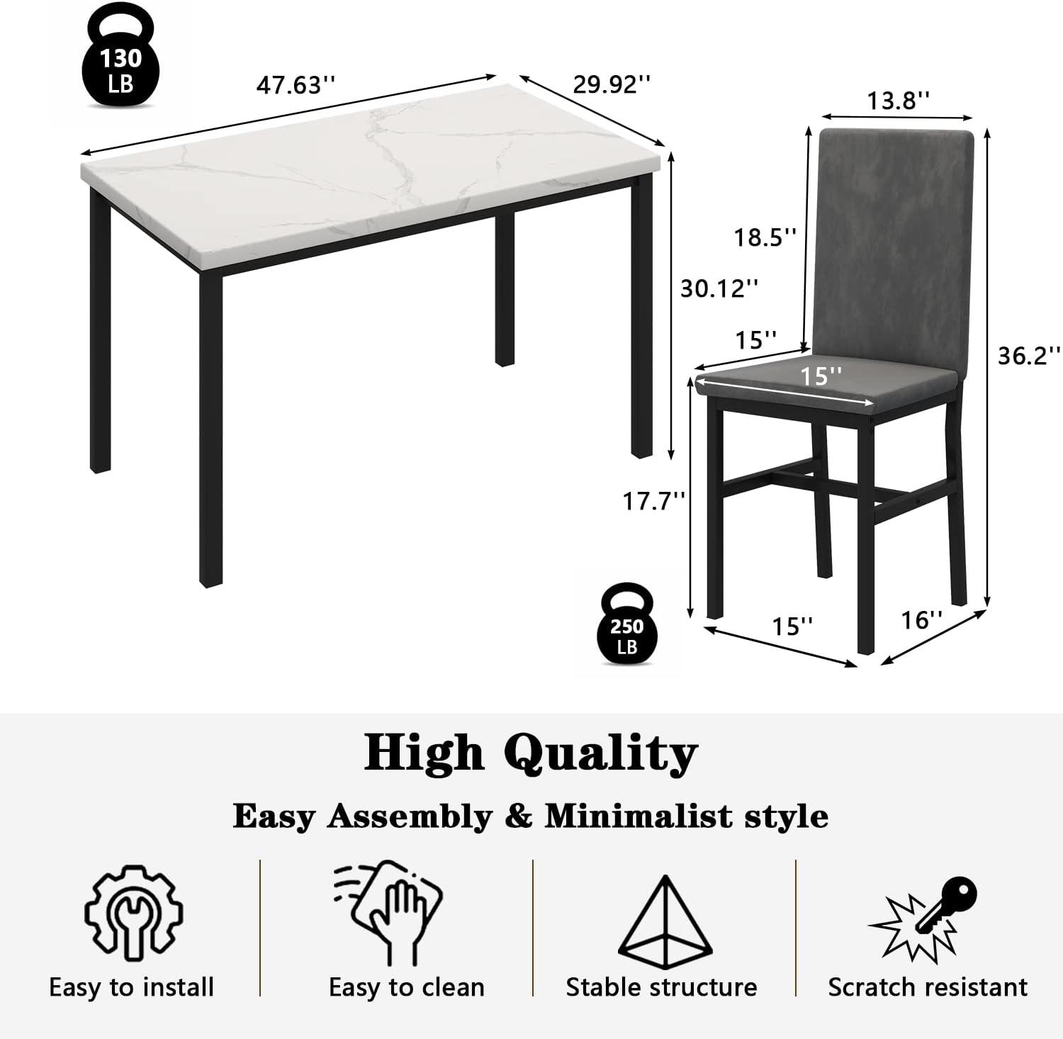 Recaceik 5-Piece Marble Dining Table Set with 4 Velvet Metal Frame Chairs for 4, 31.2"H Table