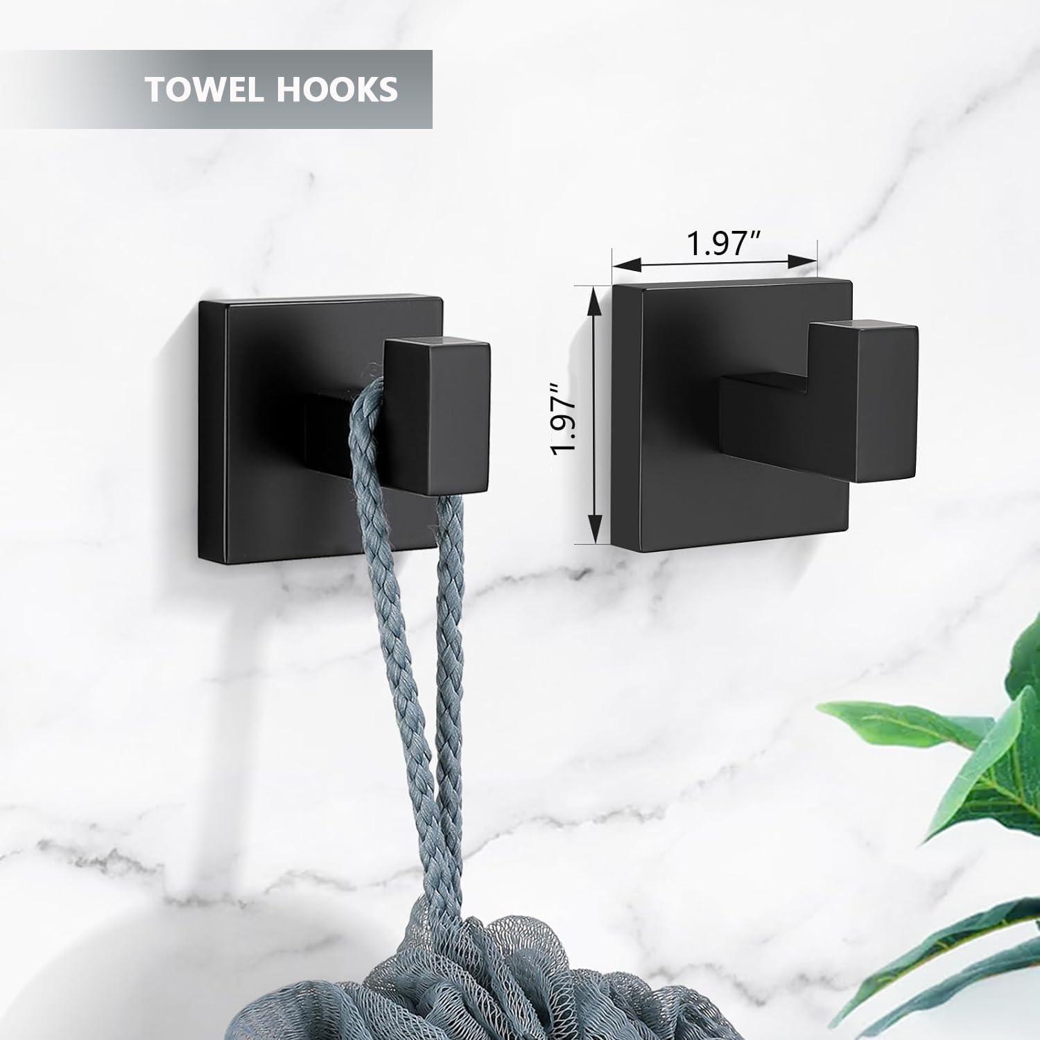 5 Pieces Square Matte Black Stainless Steel Bathroom Accessories Set Include 23.6 in Towel Bar, Toilet Paper Holder, Towel Ring, 2 Robe Towel Hooks