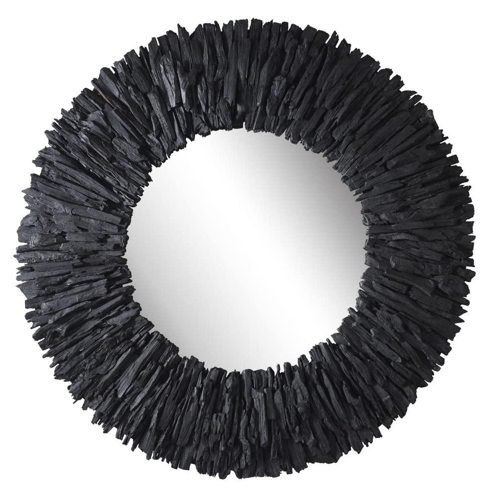 Black Teak Branch Round Wood Mirror, 39 Inches