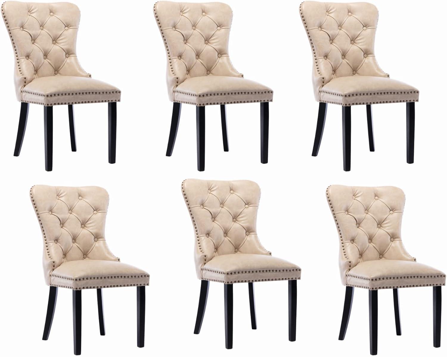 ODUSE-DAILY Velvet Dining Chairs Set of 6, Kitchen & Dining Room Chairs, Nailheads Tufted Chair, Sillas De Comedor, Two-Tone Fabric Upholstered, Wood Legs (Beige & Patterned, 6 Pcs)