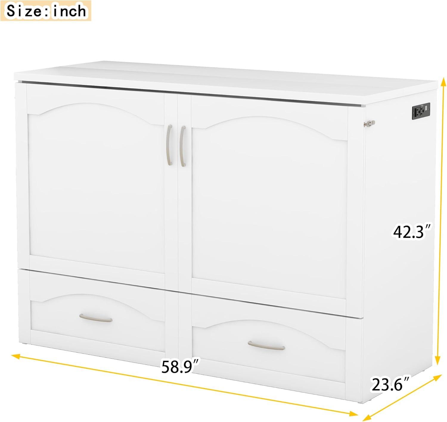 Harper & Bright Designs Full Size Murphy Bed Wall Bed with Storage Drawers, Wood Murphy Bed Chest with Sockets & USB Ports, Pulley Structure Design, White