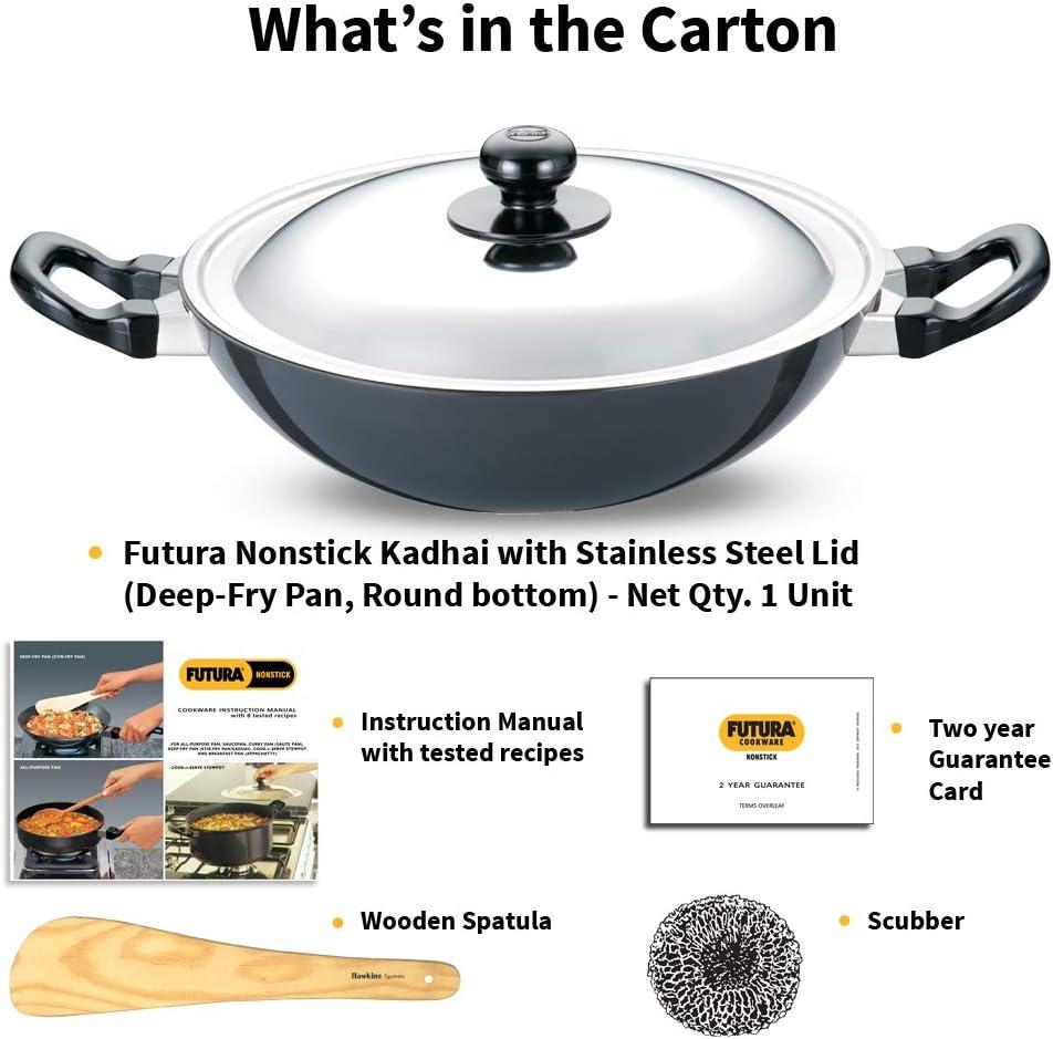 Hawkins Futura 2.5L Kadhai Fry Pan with Steel Lid: Anodized Aluminum, Gas Compatible, Hand Wash, 2-Piece Set