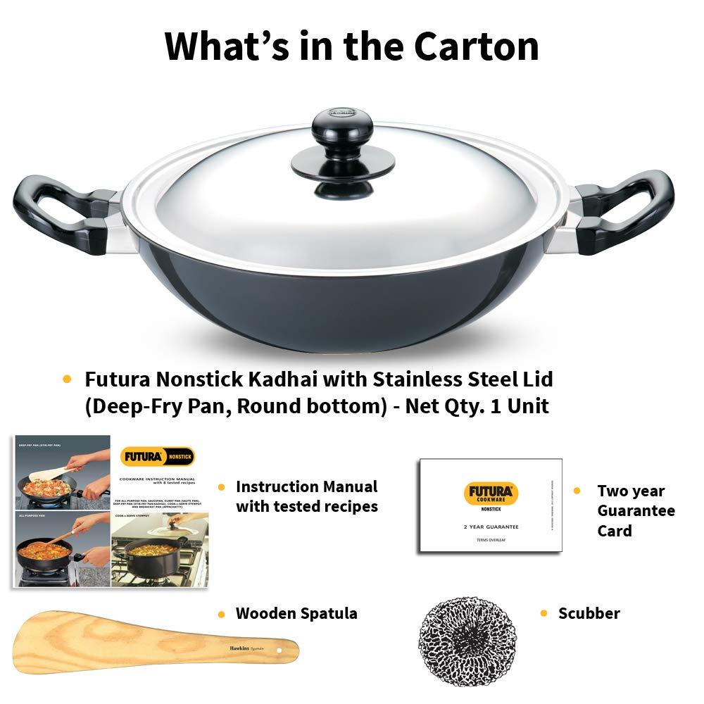 Hawkins Futura 2.5L Kadhai Fry Pan with Steel Lid: Anodized Aluminum, Gas Compatible, Hand Wash, 2-Piece Set