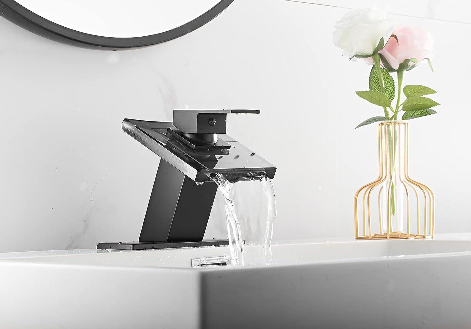 Matte Black Bathroom Faucet with Glass Waterfall Design, Single Handle for Sink, Modern Vanity Faucets with Supply Lines, Lavatory Basin Bath Mixer Tap, Deck Mounted