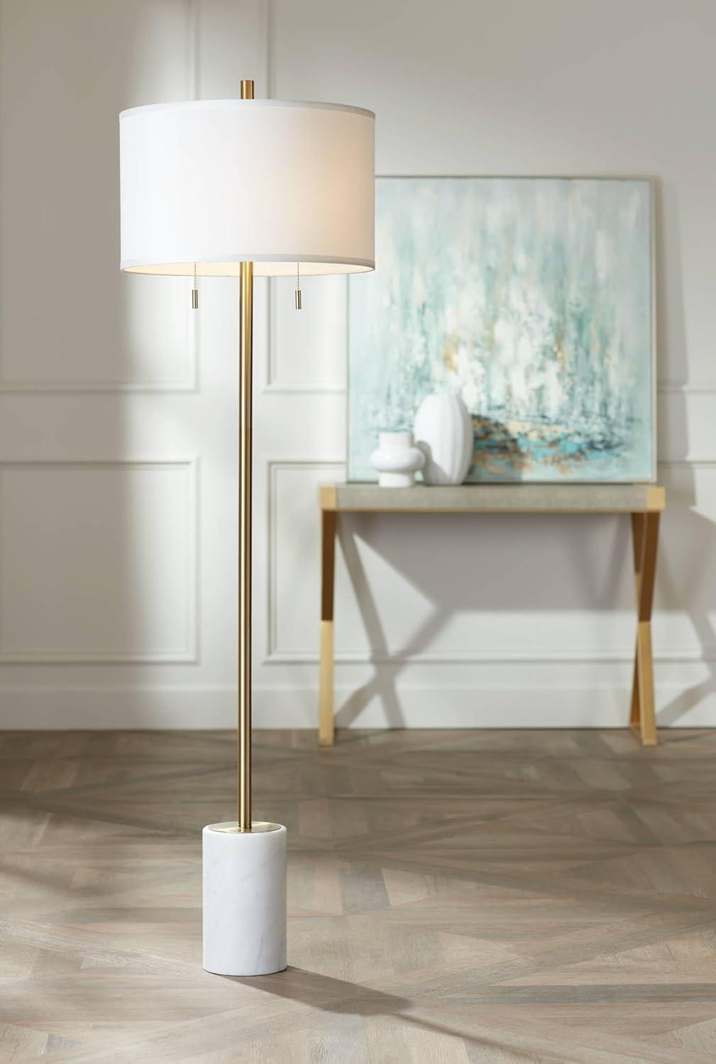 Gold Metal Floor Lamp with White Linen Shade and Marble Base