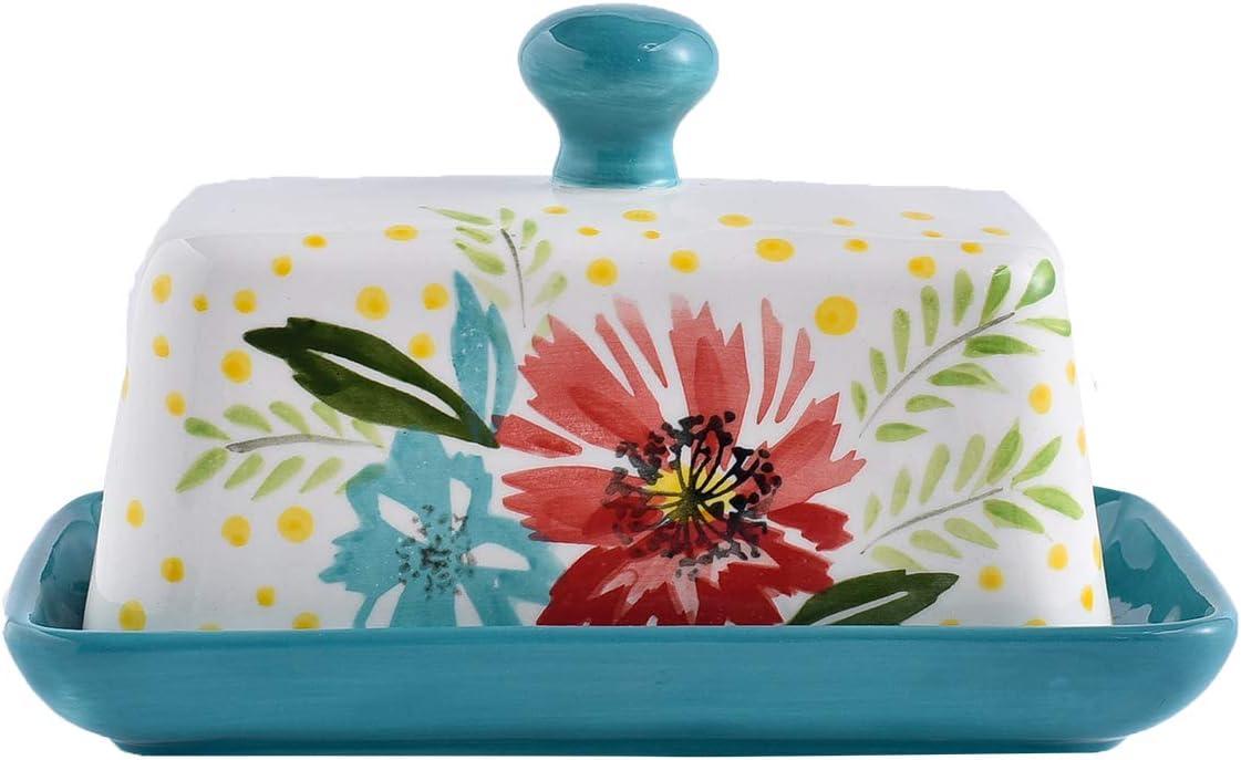 Hand-Painted Floral Ceramic Butter Dish with Lid