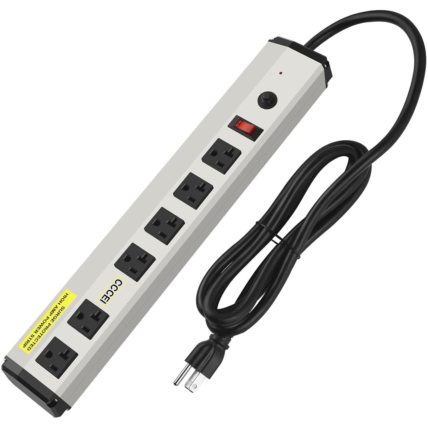12 Gauge Heavy Duty Power Strip Surge Protector 4800J, 20 Amp 6 Plug Industrial Shop Garage Metal Multiple Outlets, 6 FT Extension Cord 5-15P Adapter High Amp 6-20R T-Slot 20a for Appliance.