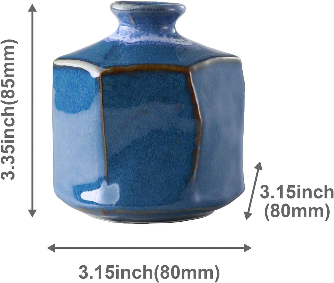 Wazakura Minoyaki Ceramic Small Ikebana Flower Bud Vase Hexagon Shaped Blue Made in Japan