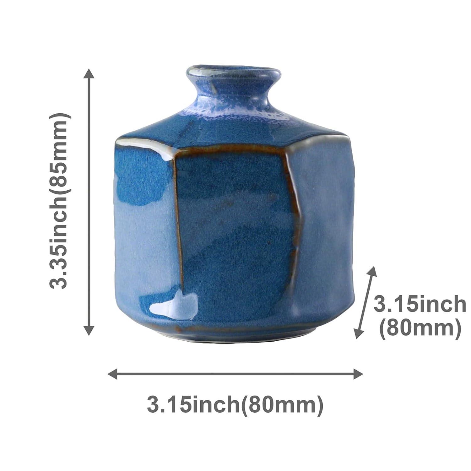 Wazakura Minoyaki Ceramic Small Ikebana Flower Bud Vase Hexagon Shaped Blue Made in Japan