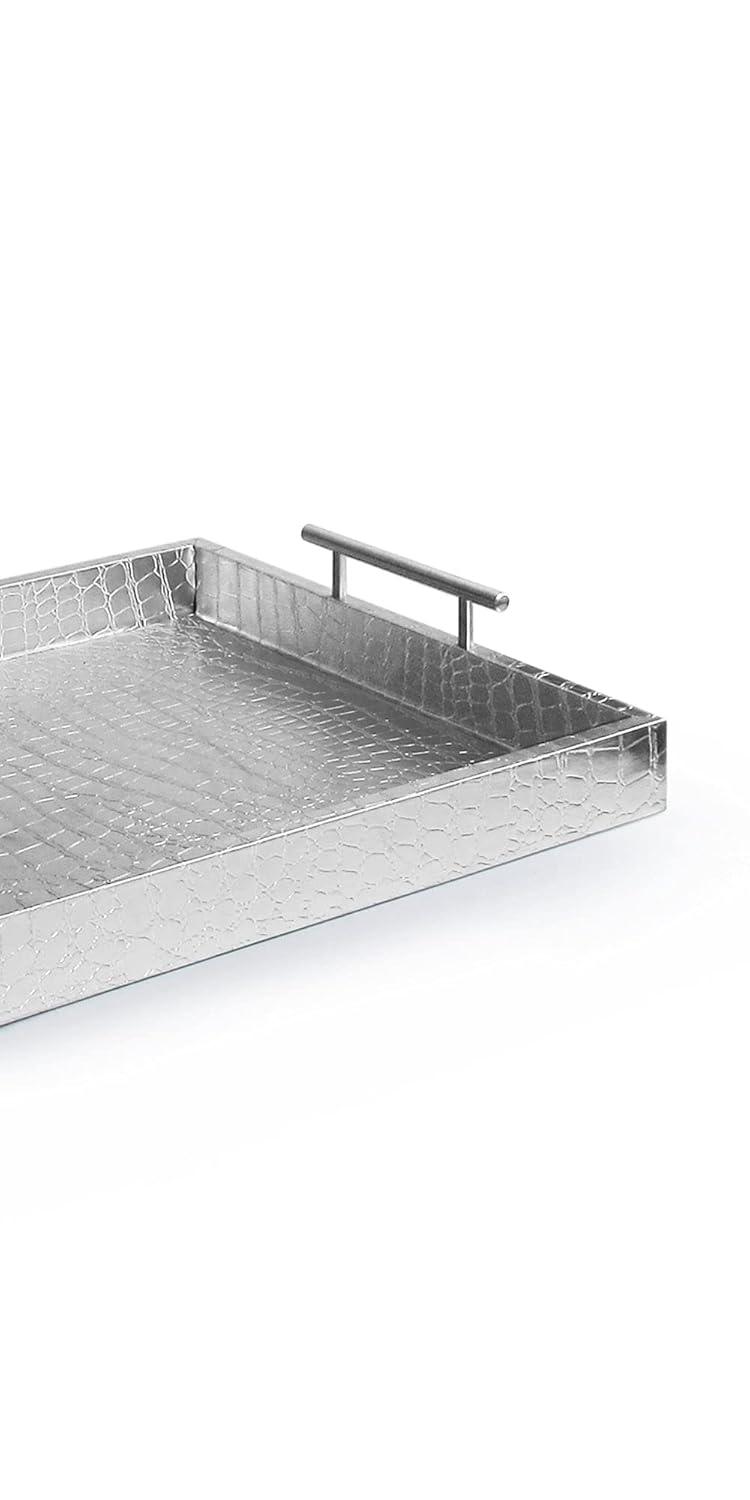 American Atelier, Silver Polyurethane Leather Alligator Rectangular Serving Tray with Handle, 14x19"
