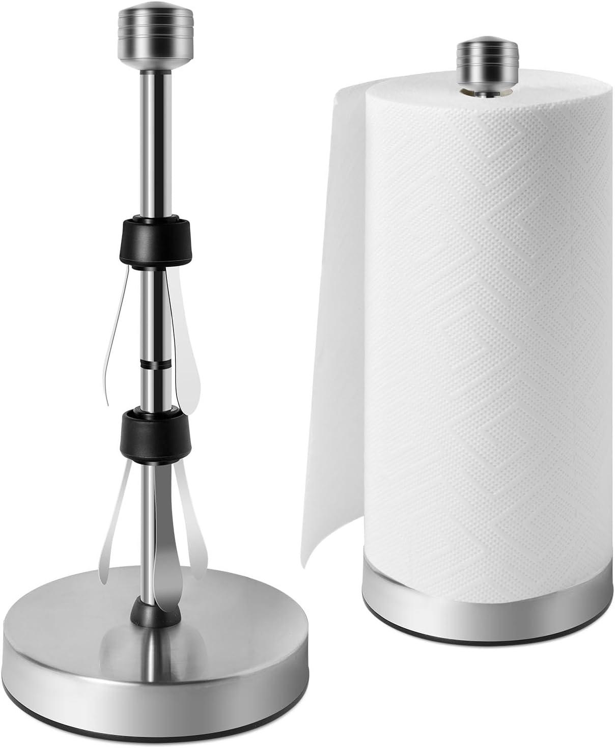 Stainless Steel Black Paper Towel Holder Designed for Easy One-Handed Operation - This Sturdy Weighted Paper Towel Dispenser Countertop Model Has Suction Cups and Holds Paper Towel Rolls of All Sizes